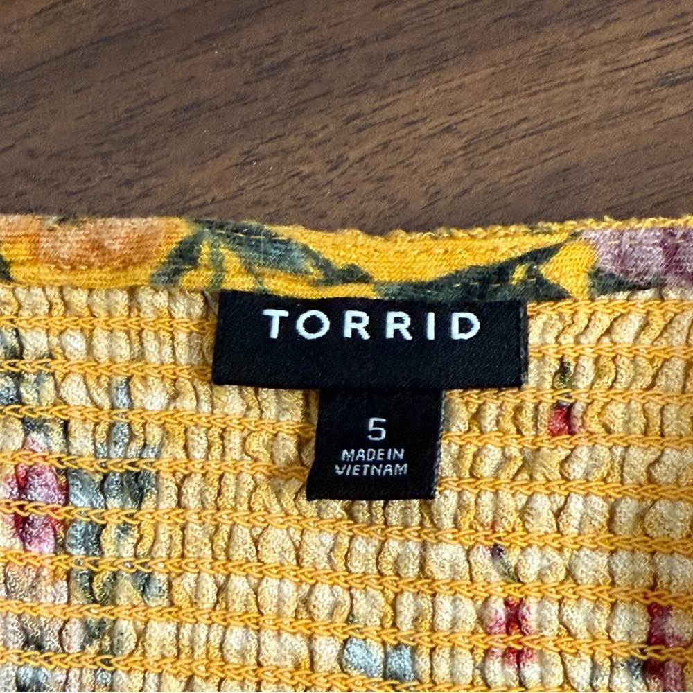 Torrid Floral Boho Tunic 5 | Mustard Yellow Crinkle V-Neck Top Fall Festival - Picture 5 of 8